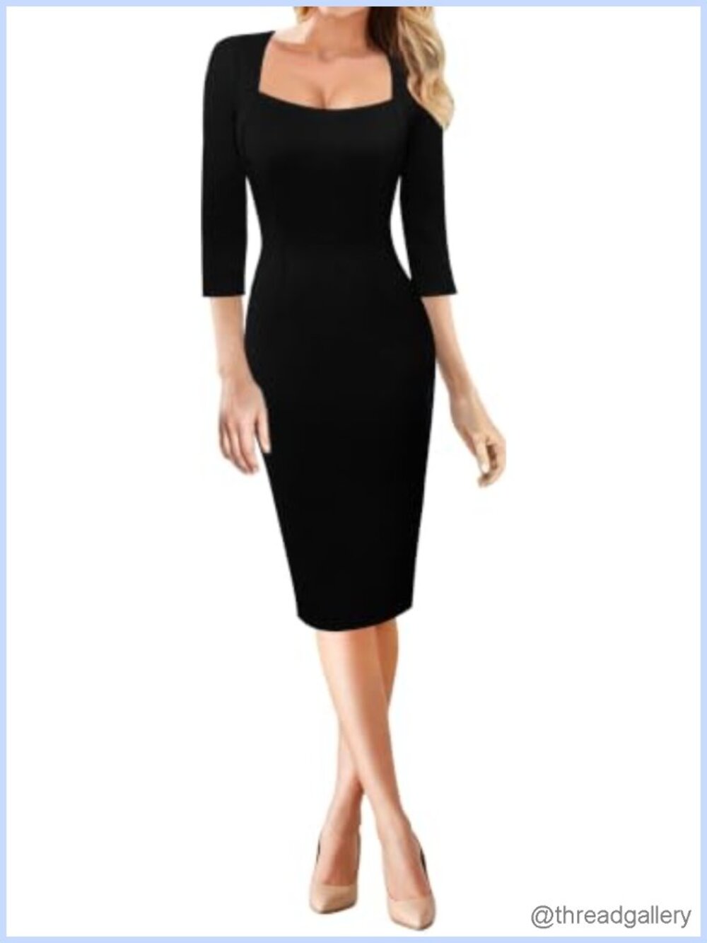 Square Neck Bodycon Sheath Dress 3/4 Sleeve Business Casual Work Office